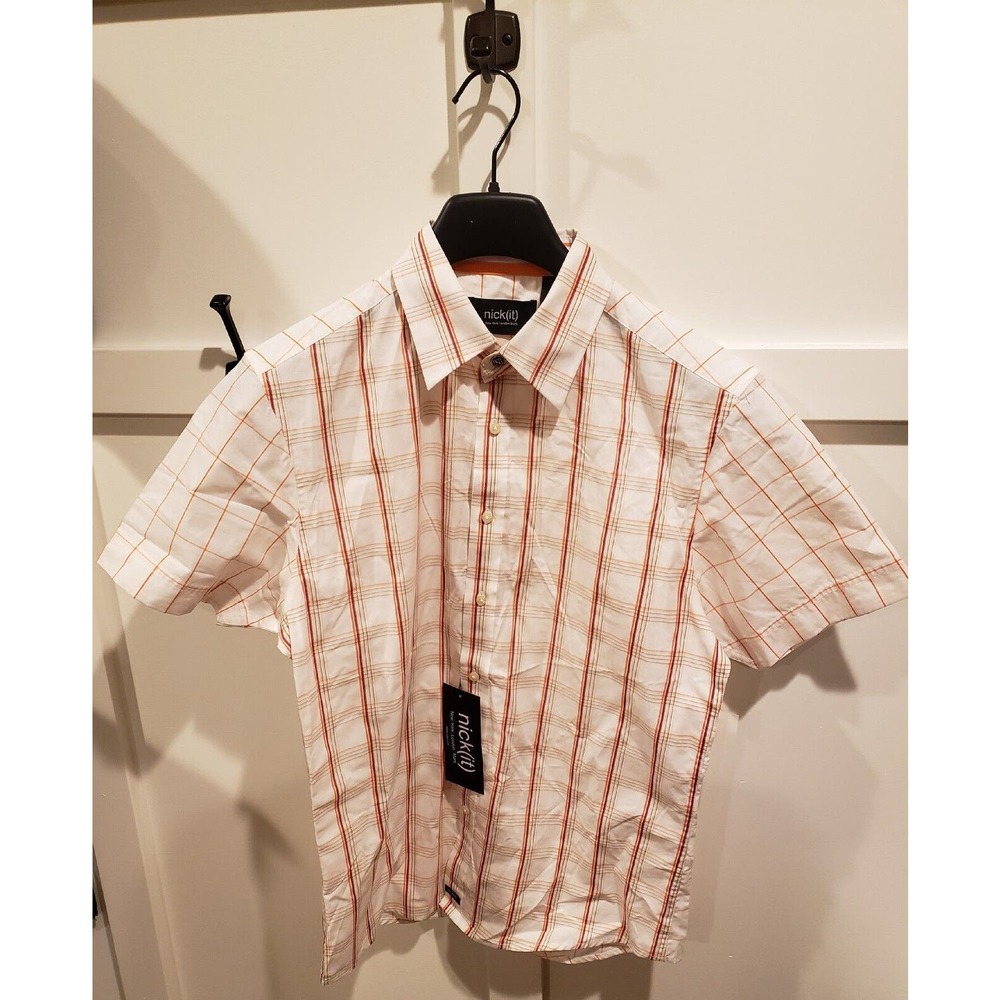 VTG HTF Nick(it) Shirt Mens S Button Down White with Orange Striped Short Sleeve